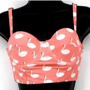 Swimsuit Pink & White Swan Print Contoured Bikini Top Only Size Large